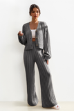 Stylish Charcoal V Neck Cable-Knit Button Cropped Cardigan & Stretch Wide Leg Trousers Co-ord