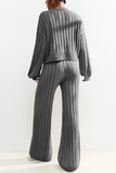 Stylish Charcoal V Neck Cable-Knit Button Cropped Cardigan & Stretch Wide Leg Trousers Co-ord