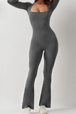 Grey Sports Square Neck Long Sleeve Seamless Shaping Flared Jumpsuit