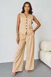 Women's Beige V-Neck Tailored Button Tank & Suiting Pants With Notch Lapel Blazer Three-Piece Set