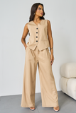 Women's Beige V-Neck Tailored Button Tank & Suiting Pants With Notch Lapel Blazer Three-Piece Set