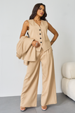 Women's Beige V-Neck Tailored Button Tank & Suiting Pants With Notch Lapel Blazer Three-Piece Set