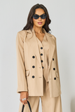 Women's Beige V-Neck Tailored Button Tank & Suiting Pants With Notch Lapel Blazer Three-Piece Set