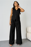 Women's Black V-Neck Tailored Button Tank & Suiting Pants With Notch Lapel Blazer Three-Piece Set