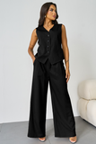 Women's Black V-Neck Tailored Button Tank & Suiting Pants With Notch Lapel Blazer Three-Piece Set