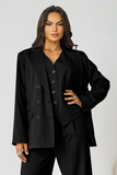 Women's Black V-Neck Tailored Button Tank & Suiting Pants With Notch Lapel Blazer Three-Piece Set