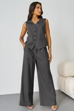 Women's Grey V-Neck Tailored Button Tank & Suiting Pants With Notch Lapel Blazer Three-Piece Set