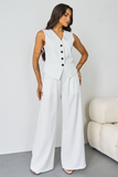 Women's White V-Neck Tailored Button Tank & Suiting Pants With Notch Lapel Blazer Three-Piece Set