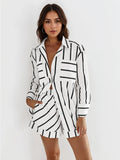 Trendy Color Matching Stripe Patch Pocket Button-Up Long Sleeve Shirt & Wide Leg Shorts Co-ord