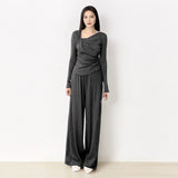 Women's Charcoal Elegant Asymmetrical Shirred Long Sleeve Top & Baggy Wide Leg Trousers Co-ord