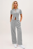 Casual Short Sleeve Button Slim Top & Wide Leg Trousers Co-ord