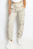 KATCH ME Beige Versatile High Waist Multi- Pocket Elastic Drawstring Cargo Pants Trousers