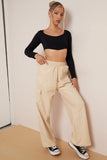 KATCH ME Beige Wide Leg Pockets PU Cargo Pants Trousers 