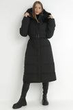 KATCH ME Black Winter Chic Versatile Plush Hooded Belt Decor Thermal Cotton Coat Coat