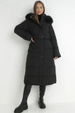 Black Winter Versatile Plush Hooded Belt Decor Thermal Cotton Coat