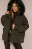 KATCH ME Khaki Versatile Stylish Plush Hooded Zip-Up Thermal Cotton Coat Coat 41.99