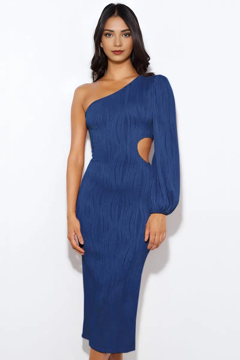 Sapphire Blue One Shoulder Puff Sleeve Textured Dress - KATCH ME