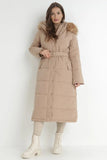 KATCH ME Taupe Winter Chic Versatile Plush Hooded Belt Decor Thermal Cotton Coat Coat