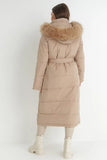 KATCH ME Taupe Winter Chic Versatile Plush Hooded Belt Decor Thermal Cotton Coat Coat