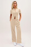 Casual Short Sleeve Button Slim Top & Wide Leg Trousers Co-ord