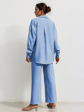 Leisure Plain Collared Long Sleeve Button Up Loose Shirt & Drawstring Wide Leg Trousers Co-ord