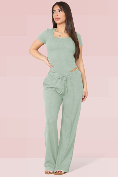 Sage Trendy Square Neck Shaping Bodysuit & High Waist Wide Leg – KATCH ME