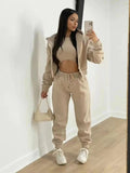 KATCH ME Fall & Winter Casual Hooded Zip-Up Cropped Jacket & Drawstring Waist Sweatpants With Knit Tank Three-Piece Sets Co-ord