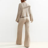 Stylish Beige V Neck Cable-Knit Button Cropped Cardigan & Stretch Wide Leg Trousers Co-ord