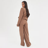 Camel Casual Deep V Button Long Sleeve Cropped Blazer & Color Matching Waist Loose Trousers Co-ord