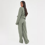 Sage Casual Deep V Button Long Sleeve Cropped Blazer & Color Matching Waist Loose Trousers Co-ord