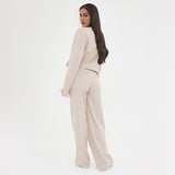 Beige Casual Deep V Button Long Sleeve Cropped Blazer & Color Matching Waist Loose Trousers Co-ord