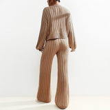 Stylish Camel V Neck Cable-Knit Button Cropped Cardigan & Stretch Wide Leg Trousers Co-ord