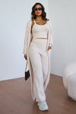 Women's Cozy Solid Color Fur Cropped Camisole & High Waist Loose Trousers With Long Cardigan Three-Piece Set