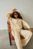 Beige Winter Minimalist Crew Neck Cable- Knit Sweater & Drawstring Waist Trousers Co-ord