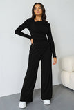 Women's Black Elegant Asymmetrical Shirred Long Sleeve Top & Baggy Wide Leg Trousers Co-ord