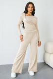 Women's Beige Elegant Asymmetrical Shirred Long Sleeve Top & Baggy Wide Leg Trousers Co-ord