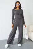 Women's Charcoal Elegant Asymmetrical Shirred Long Sleeve Top & Baggy Wide Leg Trousers Co-ord