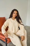 Beige Winter Minimalist Crew Neck Cable- Knit Sweater & Drawstring Waist Trousers Co-ord