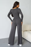 Women's Charcoal Elegant Asymmetrical Shirred Long Sleeve Top & Baggy Wide Leg Trousers Co-ord