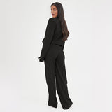 Black Casual Deep V Button Long Sleeve Cropped Blazer & Color Matching Waist Loose Trousers Co-ord