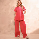 KATCH ME Women's Plain Collared Neck Button Short Sleeve Shirt & Wide Leg Trousers Co-ord Co-ord 34.98