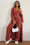 Women's Cozy Solid Color Fur Cropped Camisole & High Waist Loose Trousers With Long Cardigan Three-Piece Set