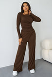 Women's Coffee Elegant Asymmetrical Shirred Long Sleeve Top & Baggy Wide Leg Trousers Co-ord