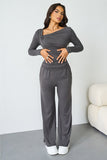 KATCH ME Women's Charcoal Elegant Asymmetrical Shirred Long Sleeve Top & Baggy Wide Leg Trousers Co-ord Co-ord