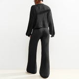 KATCH ME Stylish Black V Neck Cable-Knit Button Cropped Cardigan & Stretch Wide Leg Trousers Co-ord Co-ord