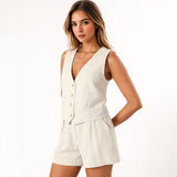 KATCH ME Plain Casual V Neck Button Tank & Wide Leg Shorts Co-ord Co-ord