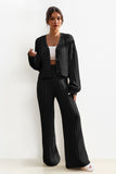 KATCH ME Stylish Black V Neck Cable-Knit Button Cropped Cardigan & Stretch Wide Leg Trousers Co-ord Co-ord