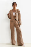 Stylish Camel V Neck Cable-Knit Button Cropped Cardigan & Stretch Wide Leg Trousers Co-ord