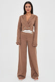 Camel Casual Deep V Button Long Sleeve Cropped Blazer & Color Matching Waist Loose Trousers Co-ord