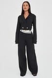 Black Casual Deep V Button Long Sleeve Cropped Blazer & Color Matching Waist Loose Trousers Co-ord